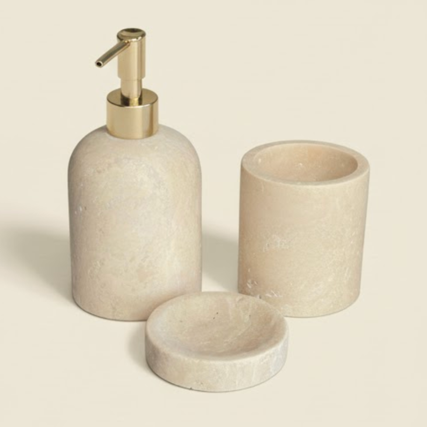 Travertine Bathroom Set with Gold Details (3 Pieces, Handcrafted)