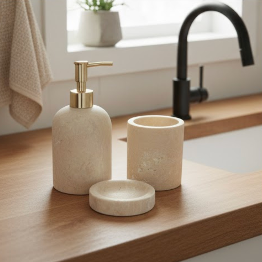 Travertine Bathroom Set with Gold Details (3 Pieces, Handcrafted)