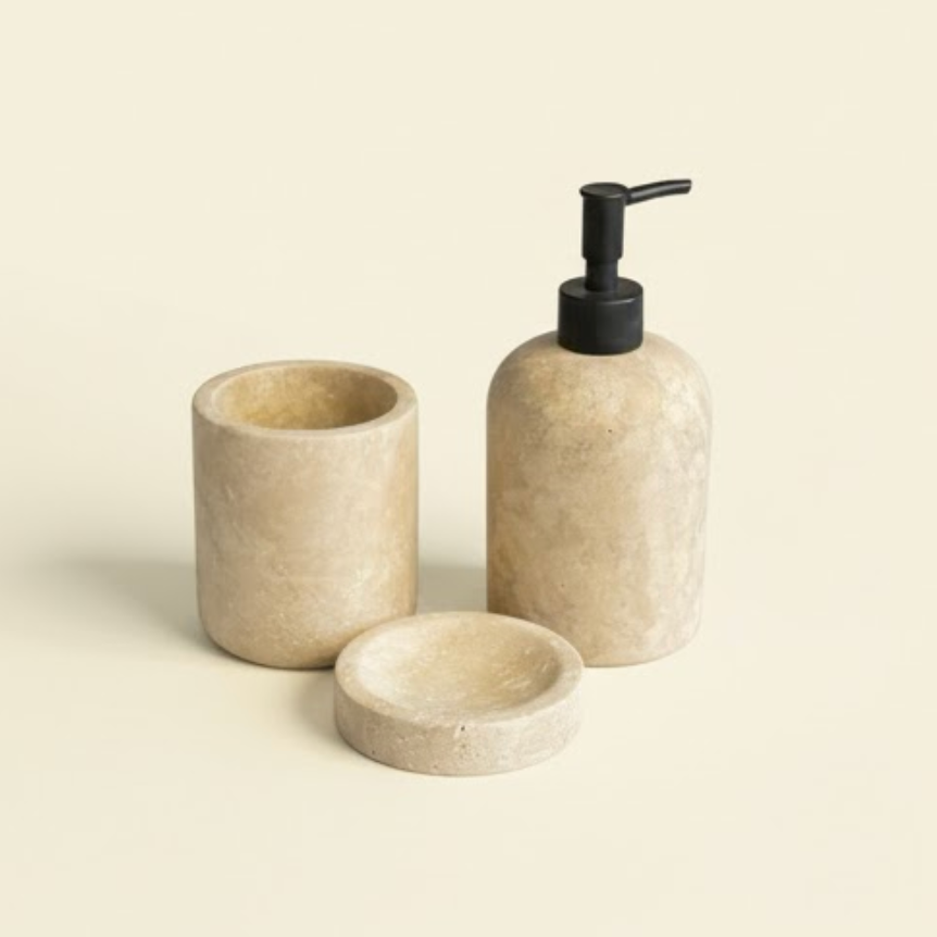 Travertine Bathroom & Kitchen Set with Black Details (3 Pieces, Handcrafted)