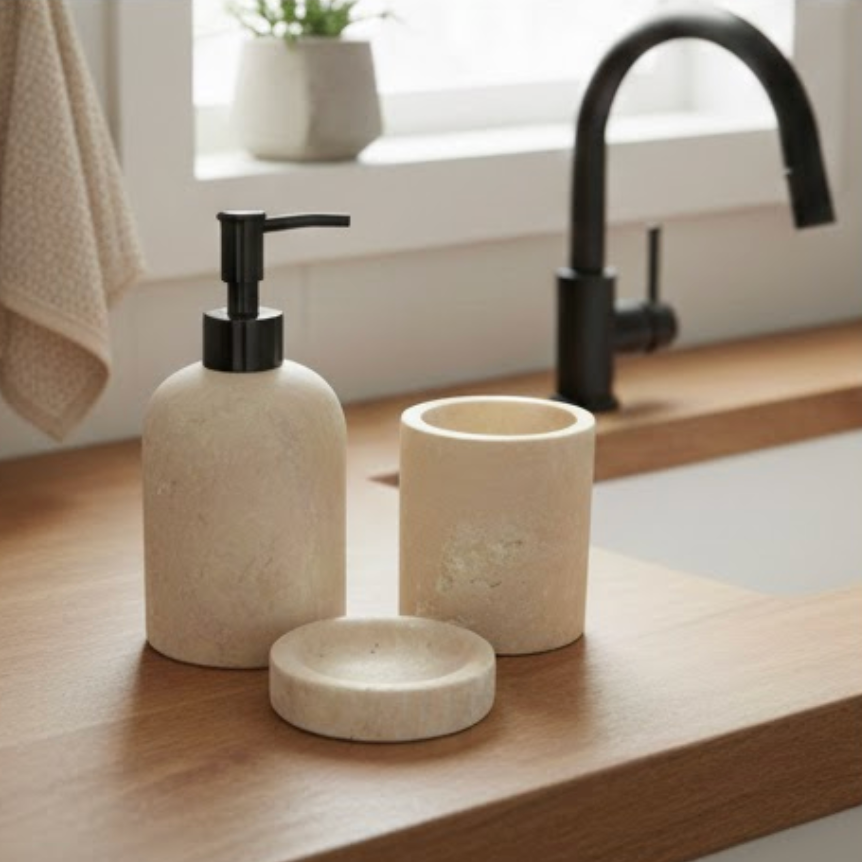 Travertine Bathroom & Kitchen Set with Black Details (3 Pieces, Handcrafted)