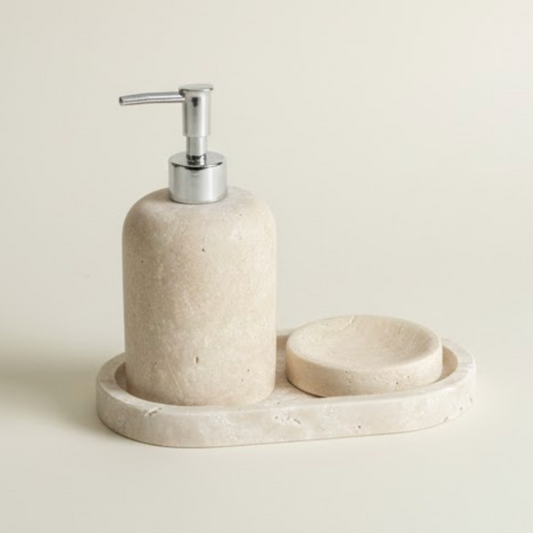 Light Travertine Bathroom Set with Ellipse Tray (3 Pieces, Handcrafted)