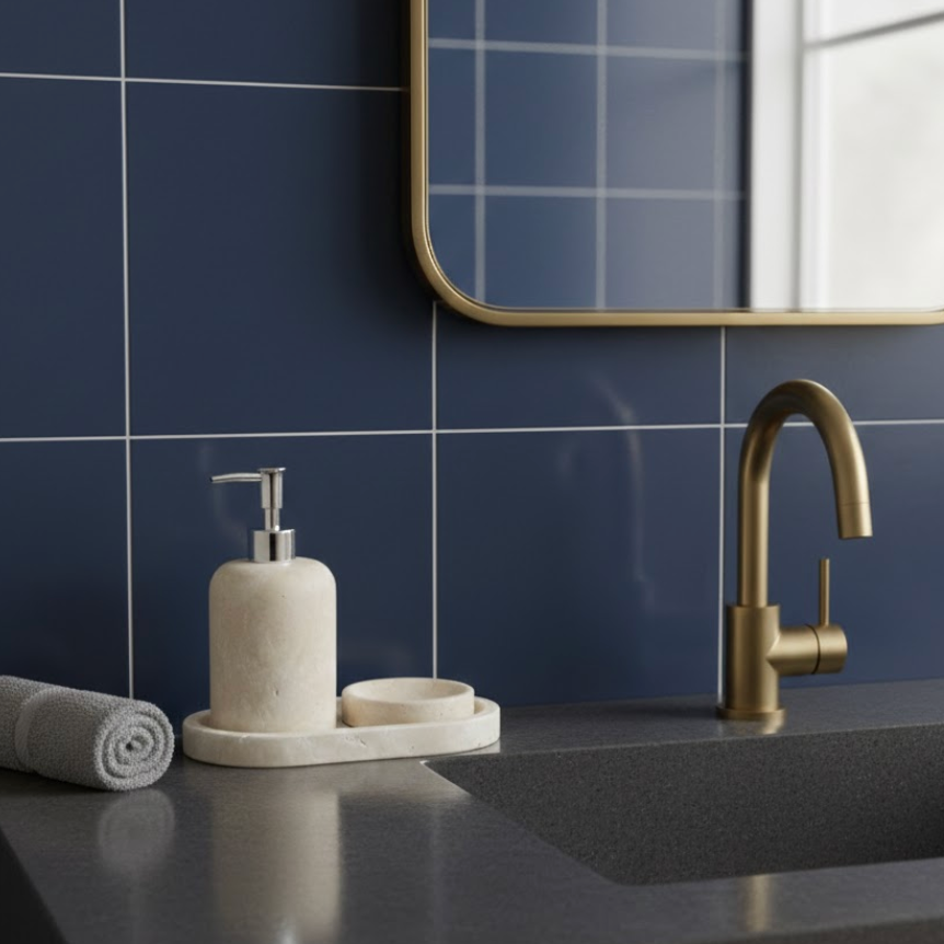 Light Travertine Bathroom Set with Ellipse Tray (3 Pieces, Handcrafted)