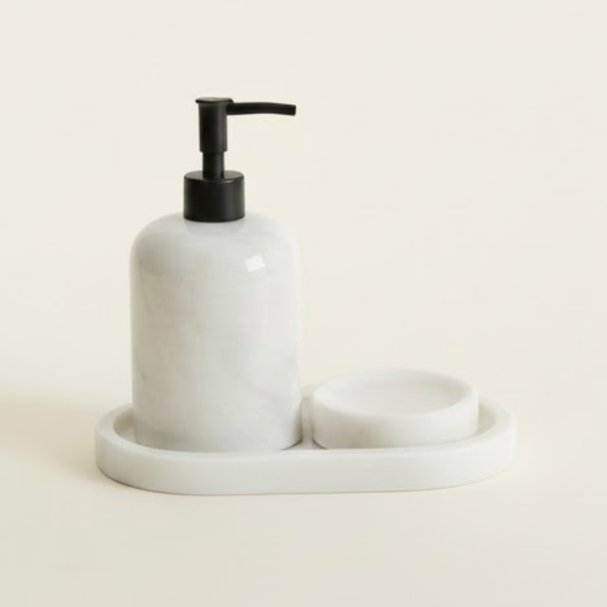 White Marble Bathroom Set with Oval Tray & Black Details (3 Pieces, Handcrafted)