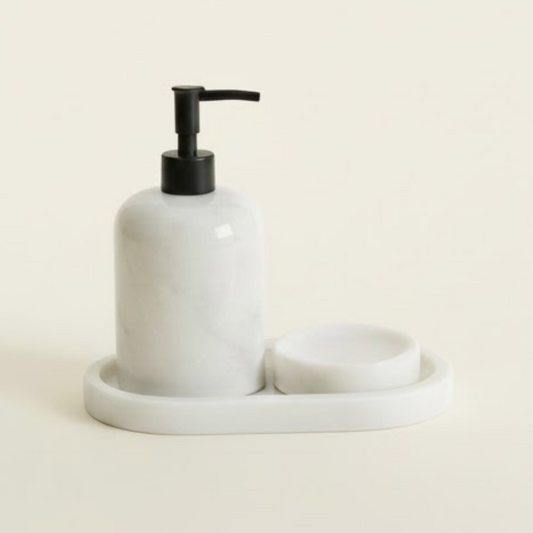 White Marble Bathroom Set with Oval Tray & Black Details (3 Pieces, Handcrafted)