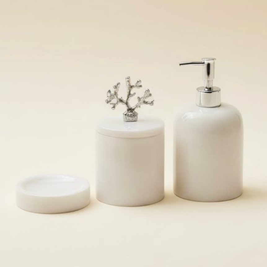 White Marble Bathroom Set with Silver Accessories (3 Pieces, Handcrafted)