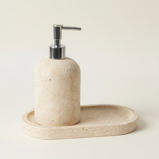 Travertine Bathroom Set with Tray & Soap Dispenser (2 Pieces, Handcrafted)