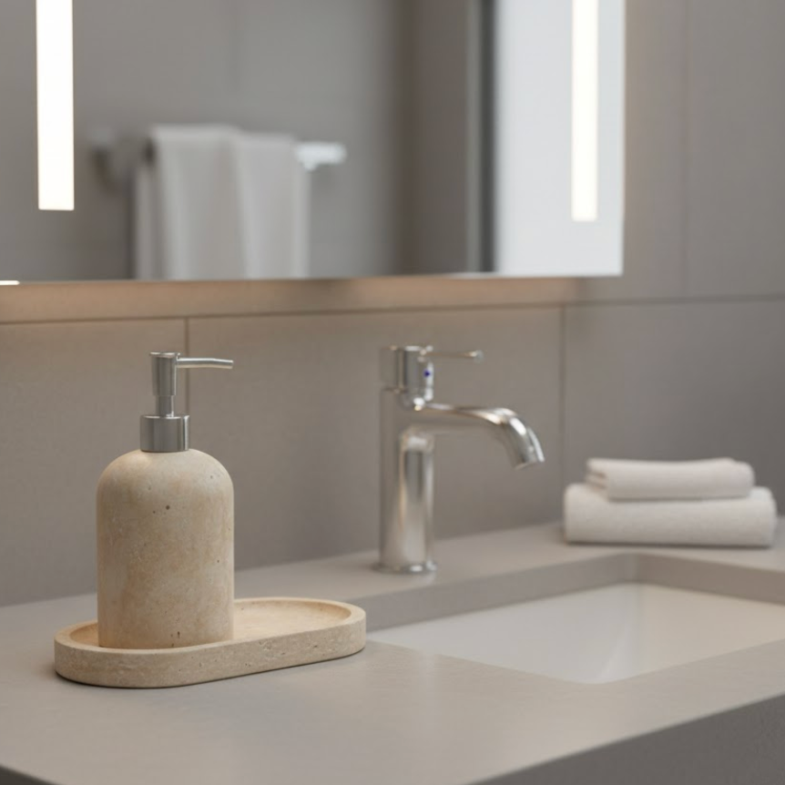 Travertine Bathroom Set with Tray & Soap Dispenser (2 Pieces, Handcrafted)