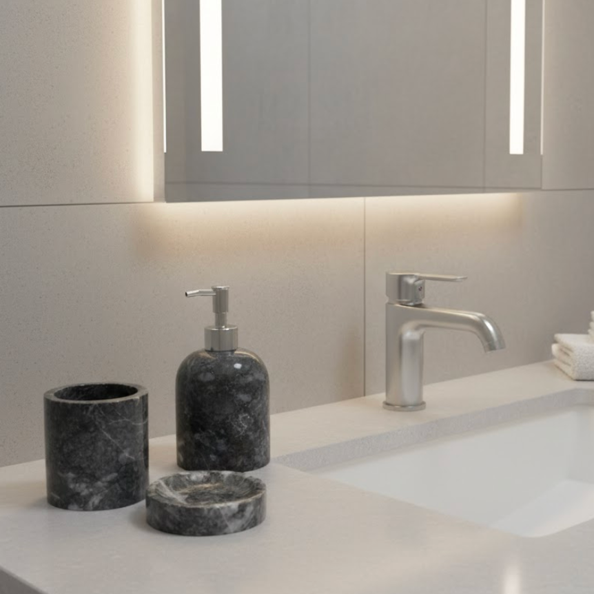 Black Wave Marble Bathroom & Kitchen Set (3 Pieces, Handcrafted)