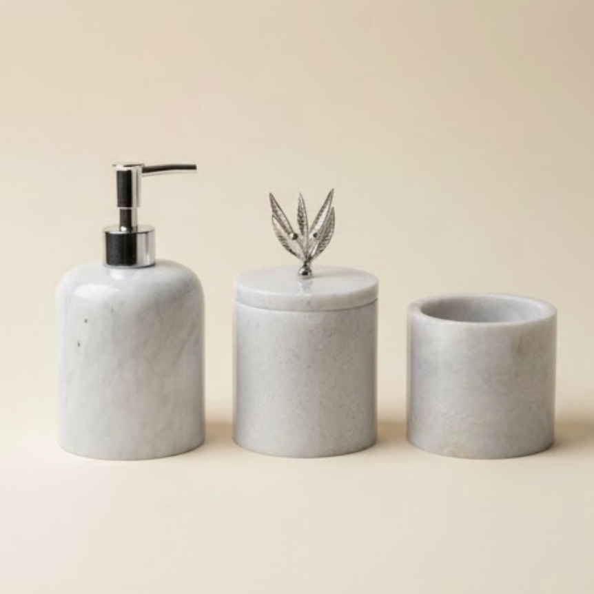 White Marble Bathroom Set with Silver Olive Branch Accessories (3 Pieces, Handcrafted)
