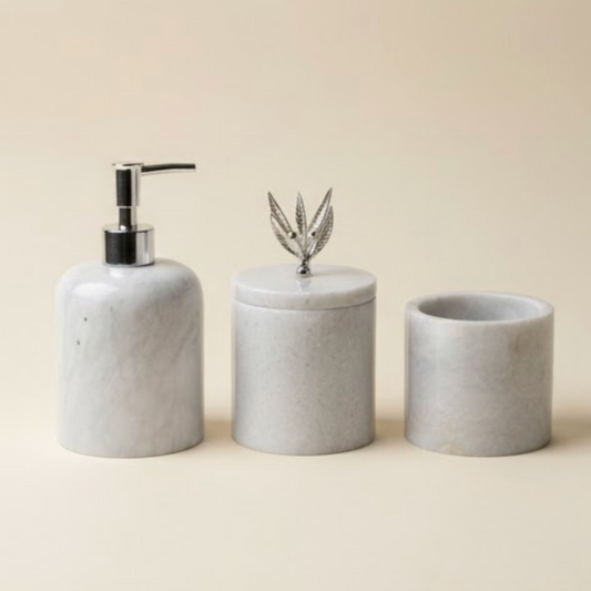 White Marble Bathroom Set with Silver Olive Branch Accessories (3 Pieces, Handcrafted)