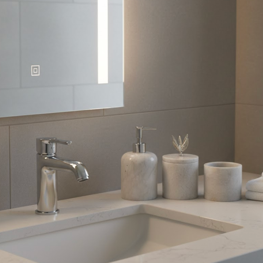 White Marble Bathroom Set with Silver Olive Branch Accessories (3 Pieces, Handcrafted)