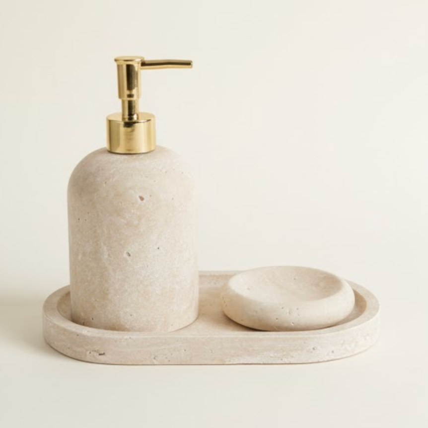 Travertine Bathroom & Kitchen Set with Oval Tray (3 Pieces, Handcrafted)