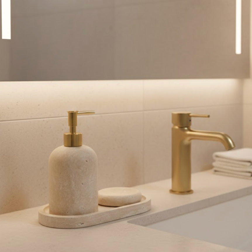 Travertine Bathroom & Kitchen Set with Oval Tray (3 Pieces, Handcrafted)