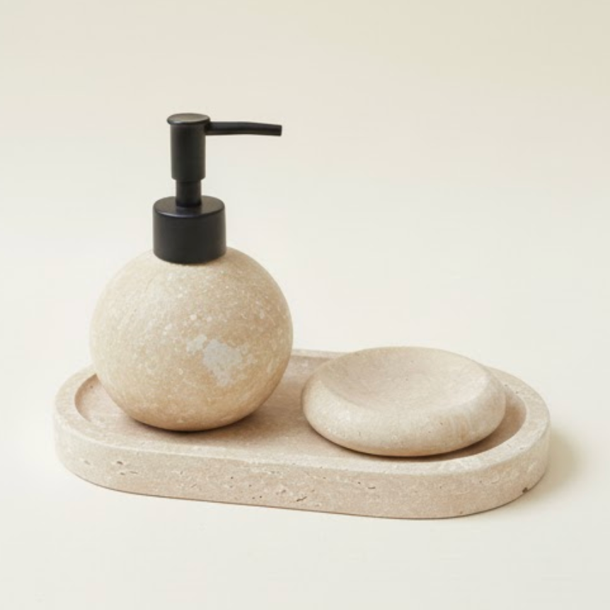 Orange-Form Light Travertine Bathroom & Kitchen Set (3 Pieces, Handcrafted)