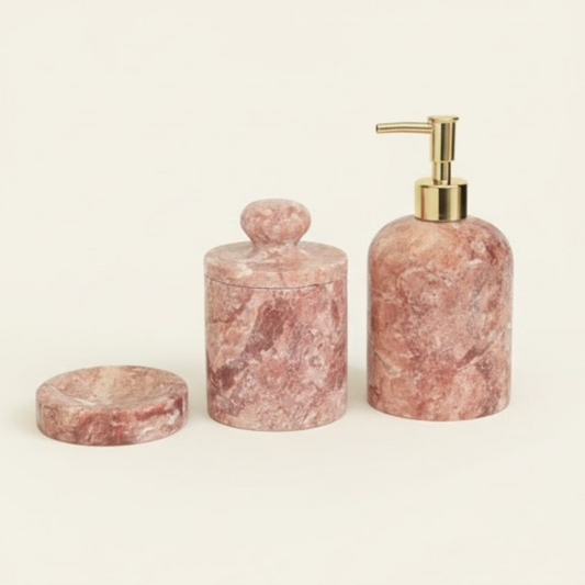 Red Travertine Bathroom Set – Soap Dispenser, Cotton Jar & Soap Dish (3 Pieces, Handcrafted)