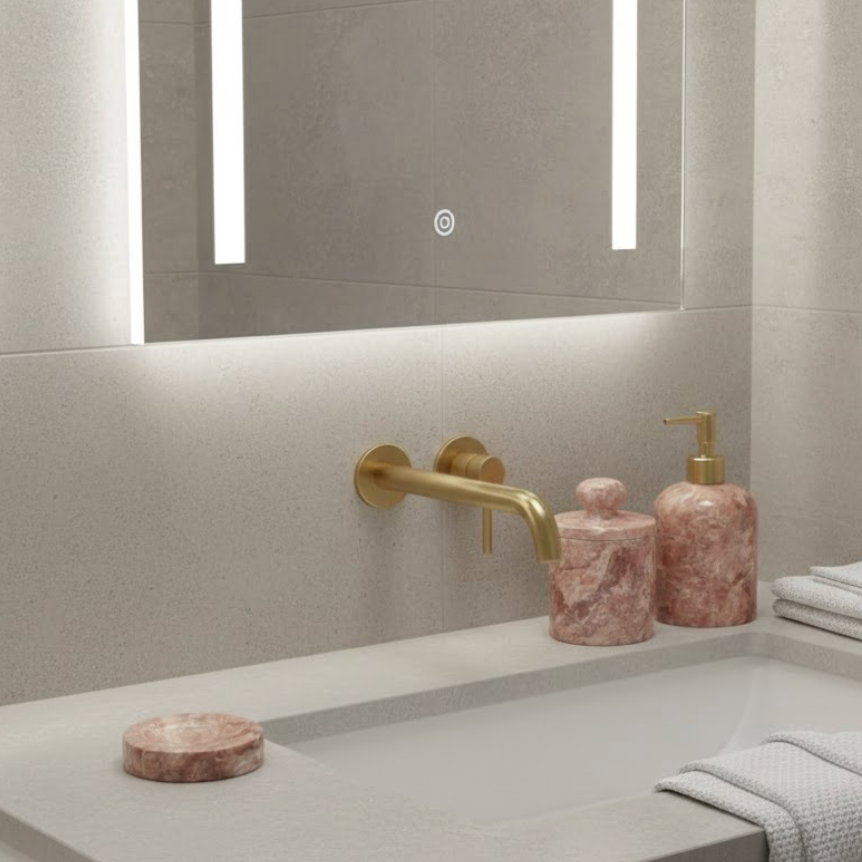 Red Travertine Bathroom Set – Soap Dispenser, Cotton Jar & Soap Dish (3 Pieces, Handcrafted)