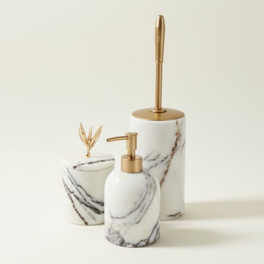 Lilac Marble Bathroom Set – Toilet Brush, Soap Dispenser & Cotton Jar (3 Pieces, Handcrafted)