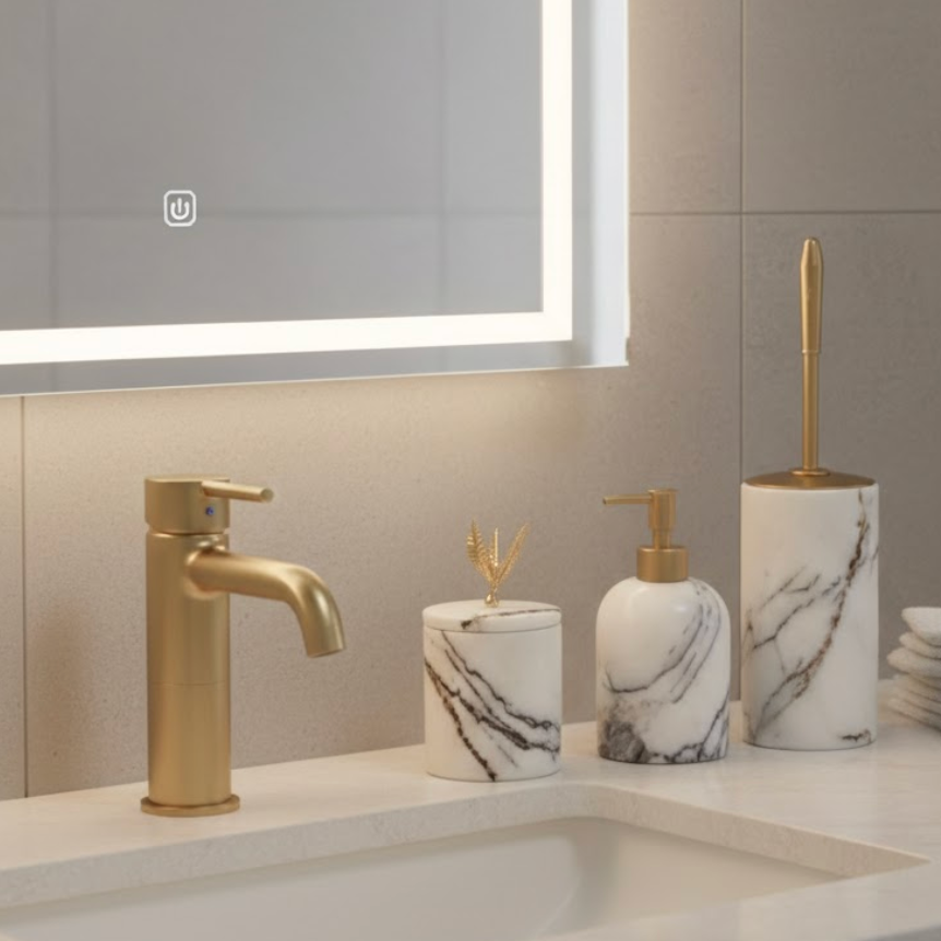 Lilac Marble Bathroom Set – Toilet Brush, Soap Dispenser & Cotton Jar (3 Pieces, Handcrafted)