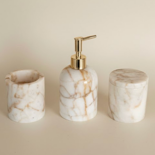 Honey Marble Bathroom Set – Soap Dispenser, Cotton Jar & Toothbrush Holder (3 Pieces, Handcrafted)