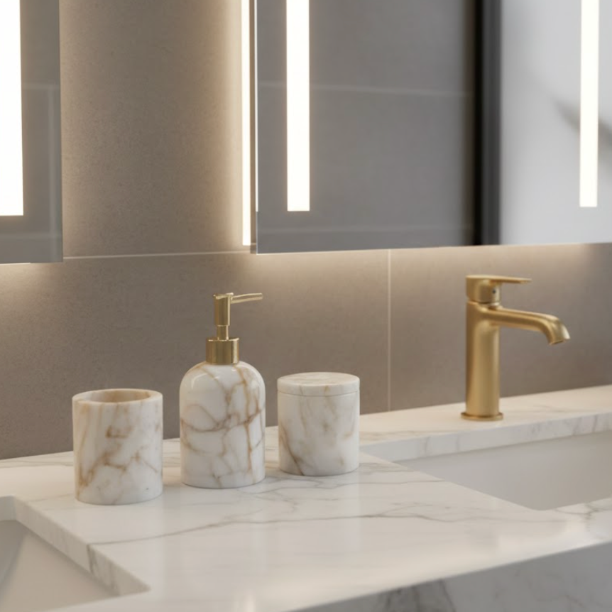 Honey Marble Bathroom Set – Soap Dispenser, Cotton Jar & Toothbrush Holder (3 Pieces, Handcrafted)