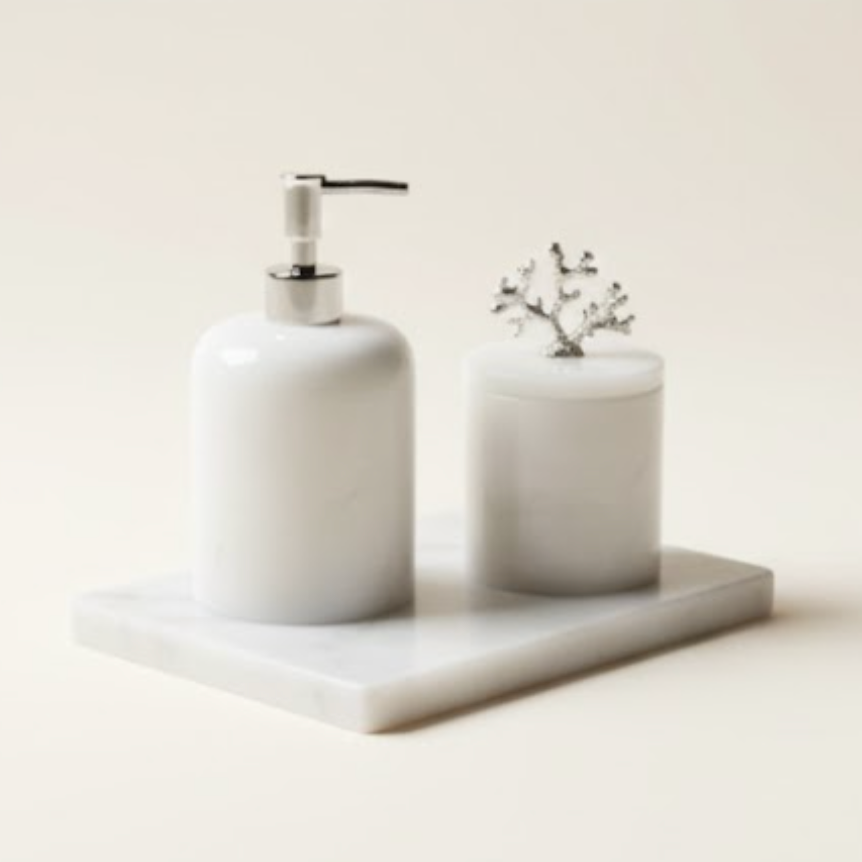 White Marble Bathroom Set with Silver Coral Details & Square Tray (3 Pieces, Handcrafted)