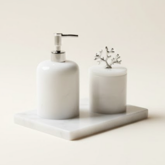 White Marble Bathroom Set with Silver Coral Details & Square Tray (3 Pieces, Handcrafted)