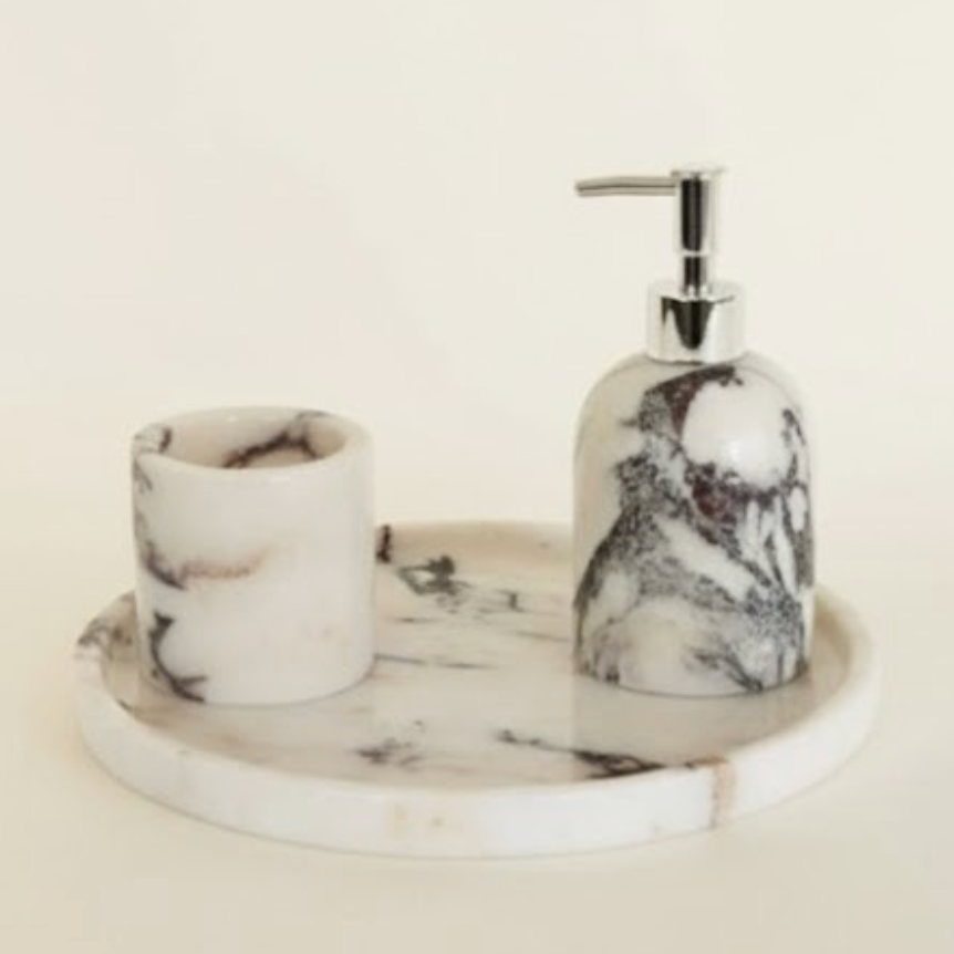 Purple Lilac Marble Bathroom & Kitchen Set with Tray (3 Pieces, Handcrafted)