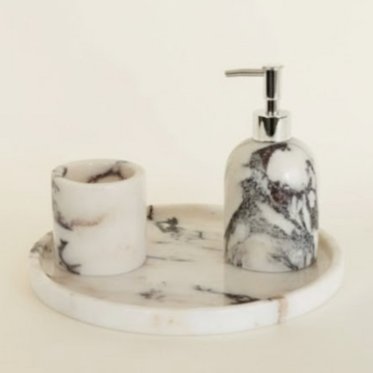 Purple Lilac Marble Bathroom & Kitchen Set with Tray (3 Pieces, Handcrafted)