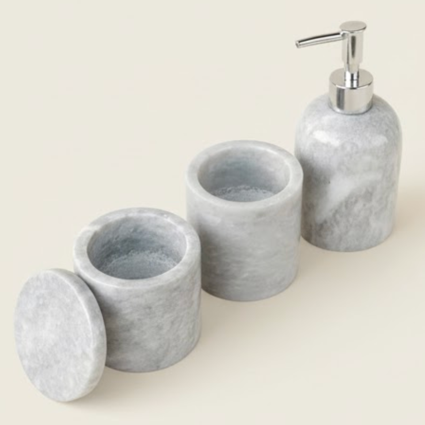 Grey Marble Bathroom Set – Soap Dispenser, Cotton Jar & Toothbrush Holder (3 Pieces, Handcrafted)
