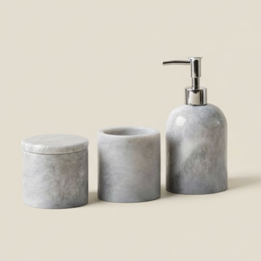Grey Marble Bathroom Set – Soap Dispenser, Cotton Jar & Toothbrush Holder (3 Pieces, Handcrafted)