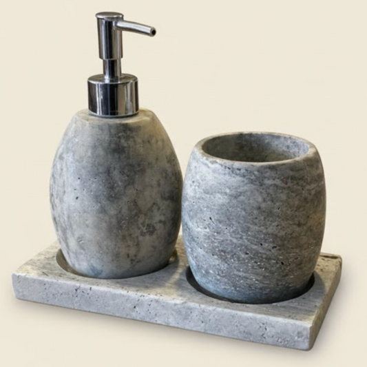 Silver Travertine Oval Bathroom & Kitchen Set (3 Pieces, Handcrafted)