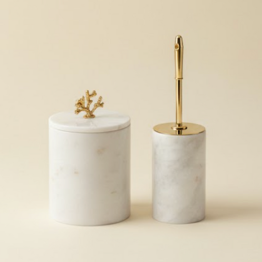 White Marble Bathroom Set with Gold Coral Details (2 Pieces, Handcrafted)