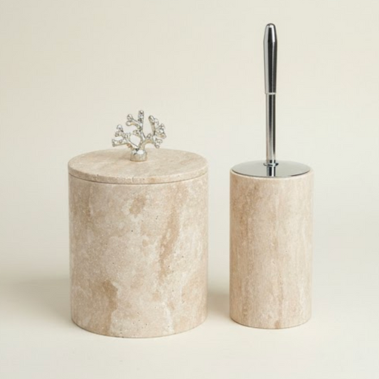 Travertine Bathroom Set with Silver Coral Details & Toilet Brush (2 Pieces, Handcrafted)
