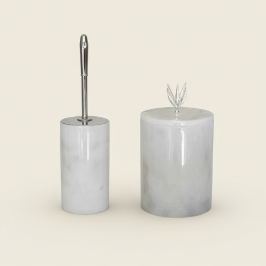 White Marble Bathroom Set with Silver Olive Branch Details (2 Pieces, Handcrafted)