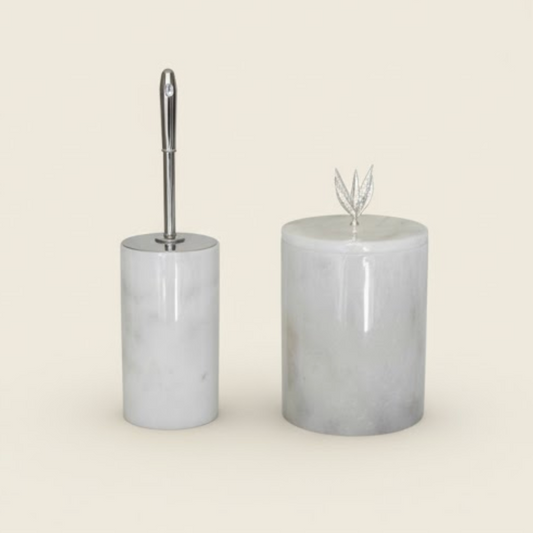 White Marble Bathroom Set with Silver Olive Branch Details (2 Pieces, Handcrafted)