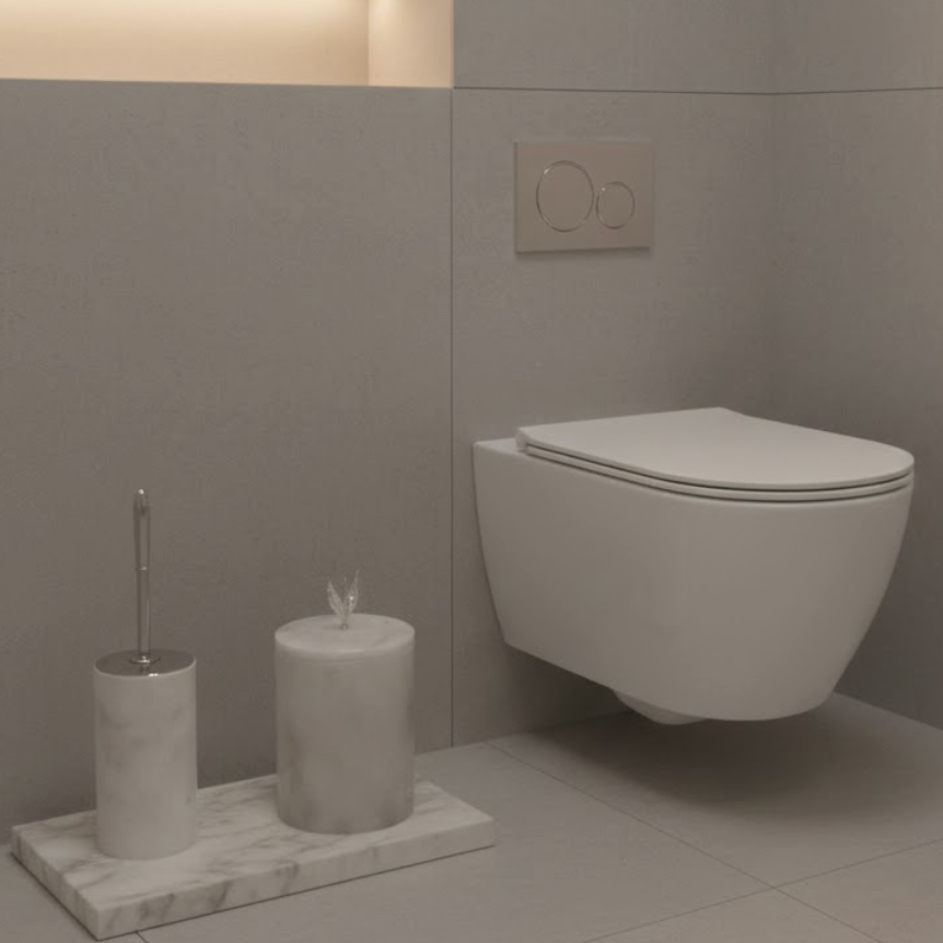 White Marble Bathroom Set with Silver Olive Branch Details (2 Pieces, Handcrafted)