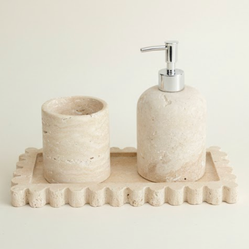 Light Travertine Bathroom & Kitchen Set with Floral Tray (3 Pieces, Handcrafted)
