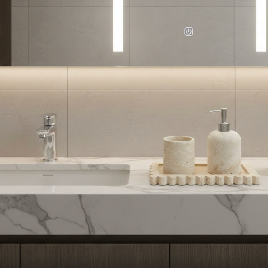 Light Travertine Bathroom & Kitchen Set with Floral Tray (3 Pieces, Handcrafted)