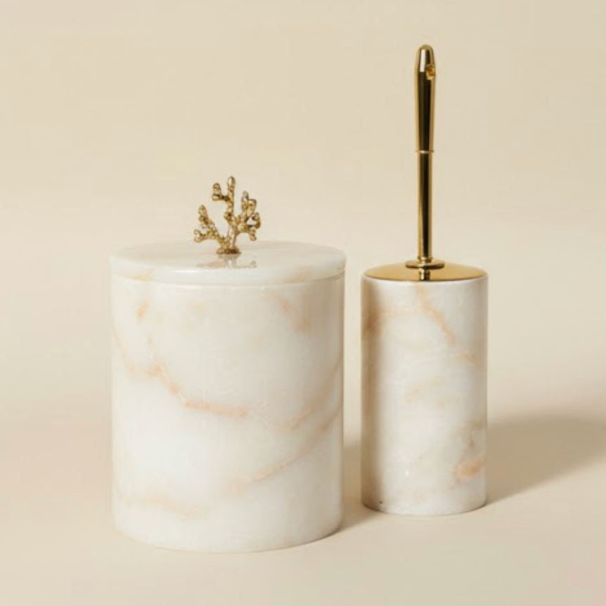 Honey Marble Bathroom Set – Waste Bin & Toilet Brush Holder (2 Pieces, Handcrafted)