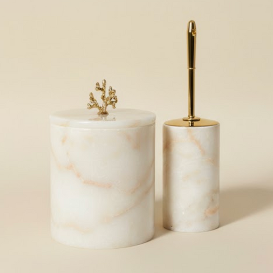 Honey Marble Bathroom Set – Waste Bin & Toilet Brush Holder (2 Pieces, Handcrafted)