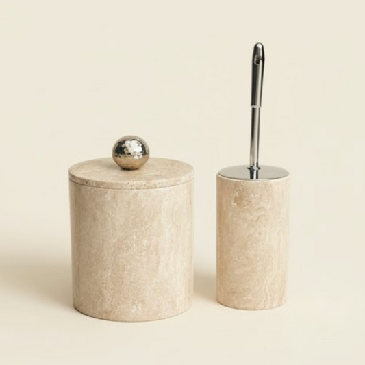 Travertine Bathroom Set – Waste Bin & Toilet Brush Holder with Silver Details (2 Pieces, Handcrafted)