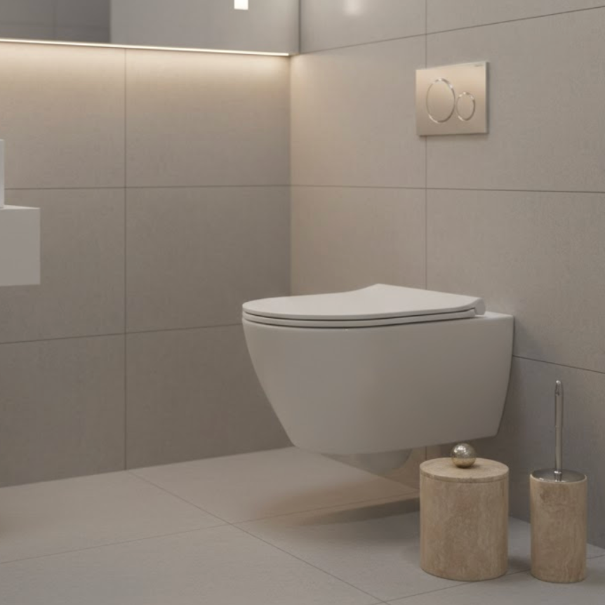 Travertine Bathroom Set – Waste Bin & Toilet Brush Holder with Silver Details (2 Pieces, Handcrafted)