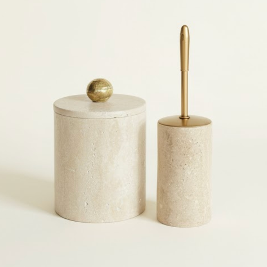 Travertine Bathroom Set – Waste Bin & Toilet Brush Holder (2 Pieces, Handcrafted)