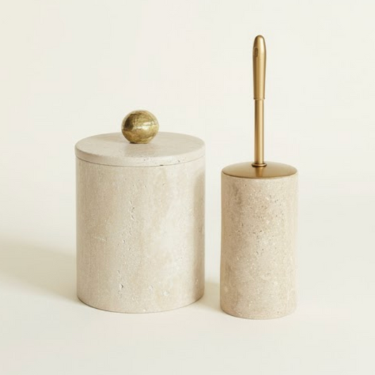 Travertine Bathroom Set – Waste Bin & Toilet Brush Holder (2 Pieces, Handcrafted)