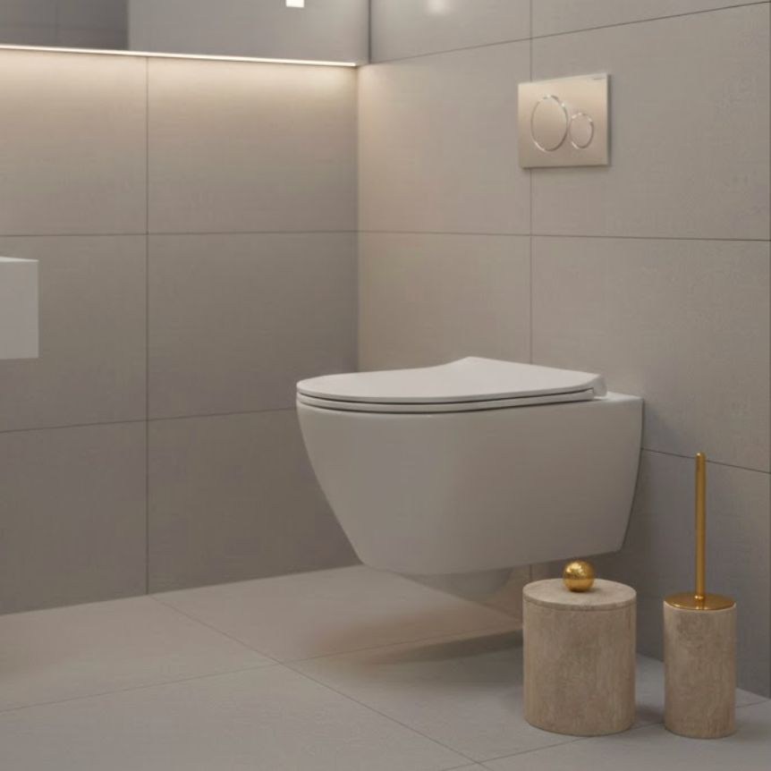 Travertine Bathroom Set – Waste Bin & Toilet Brush Holder (2 Pieces, Handcrafted)