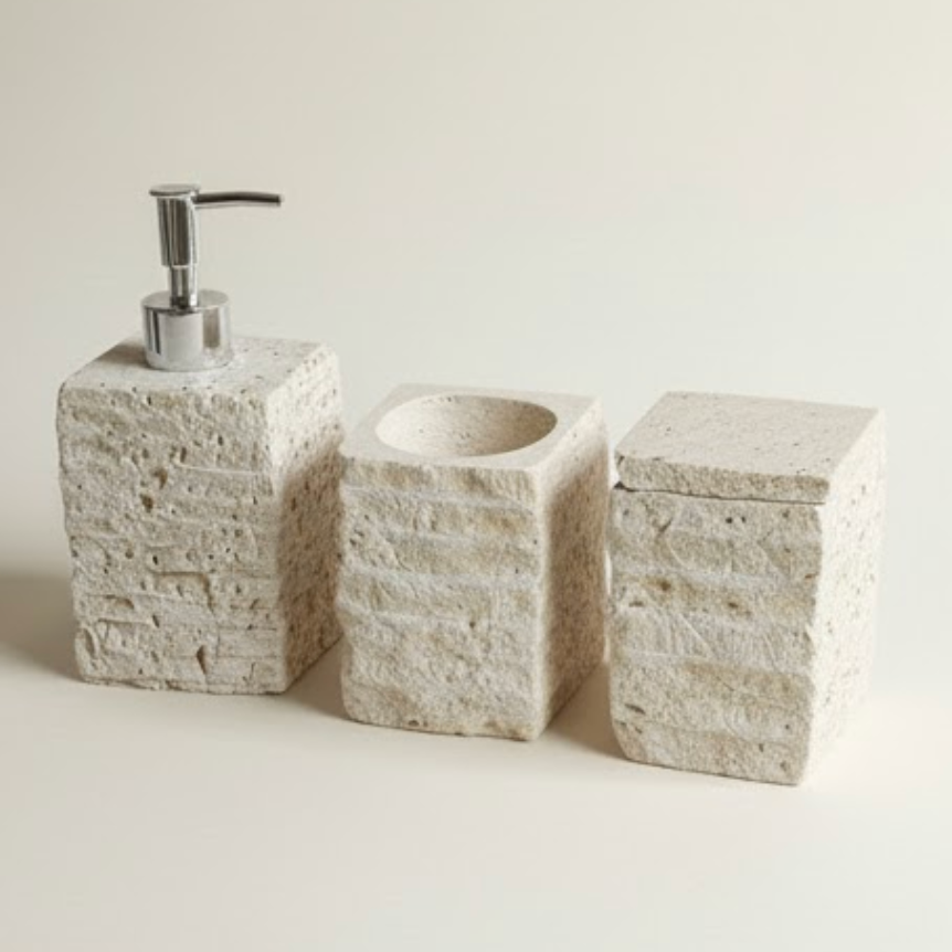 Travertine Bathroom Set (3 Pieces, Handcrafted)