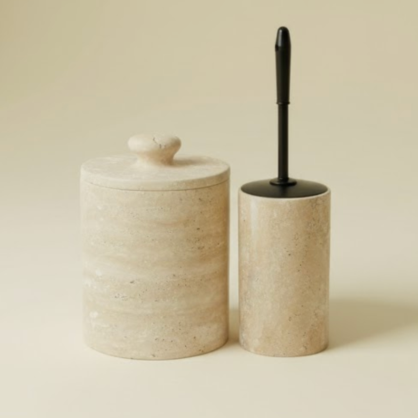 Travertine Bathroom Set – Waste Bin & Toilet Brush Holder with Matte Black Brush (2 Pieces, Handcrafted)