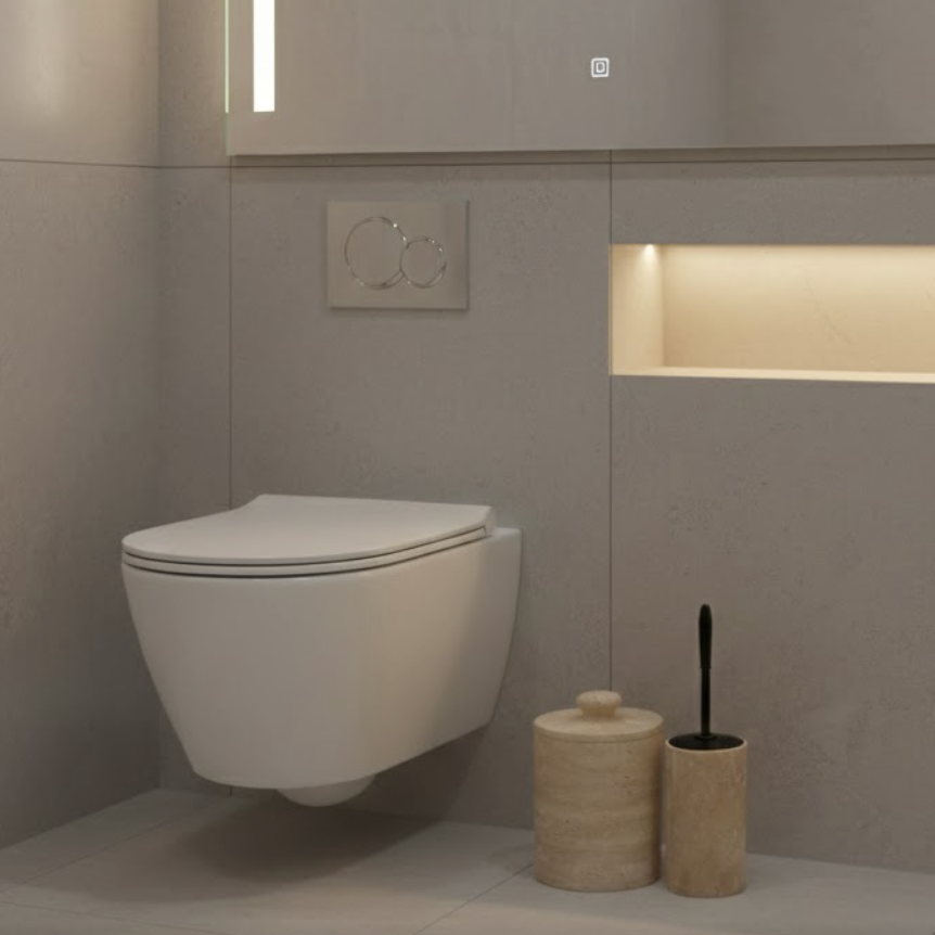 Travertine Bathroom Set – Waste Bin & Toilet Brush Holder with Matte Black Brush (2 Pieces, Handcrafted)