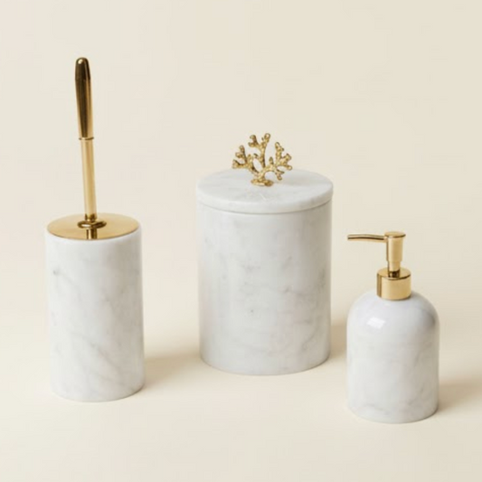 White Marble Bathroom Set with Gold Details (3 Pieces, Handcrafted)