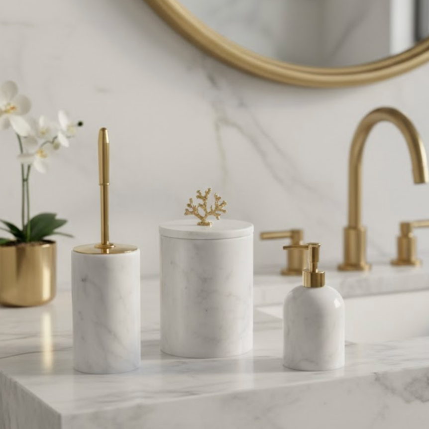 White Marble Bathroom Set with Gold Details (3 Pieces, Handcrafted)